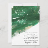Emerald Green & Gold Waterverf Wedding Invitation Kaart (Voorkant)