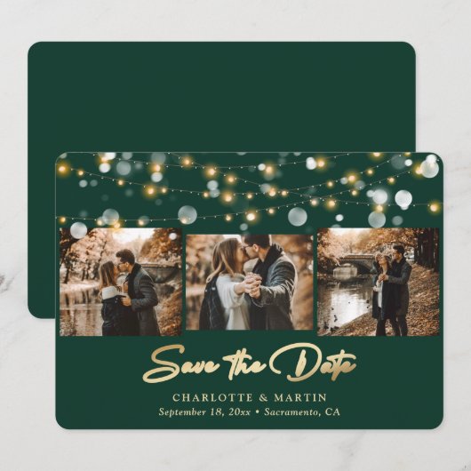 Emerald Green Gold Wedding 3 Foto Save the Date (Voorkant / Achterkant)