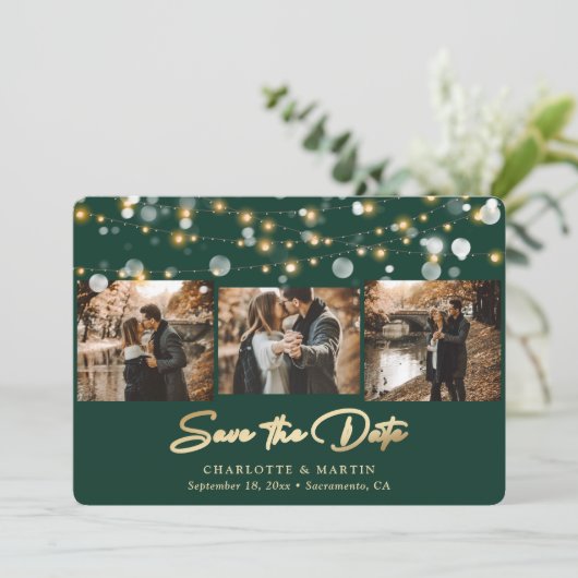 Emerald Green Gold Wedding 3 Foto Save the Date (Staand voorkant)
