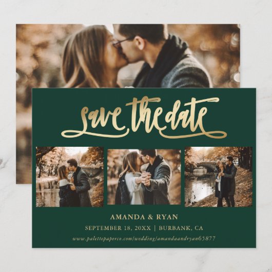 Emerald Green Gold Wedding 4 Foto Save the Date (Voorkant / Achterkant)