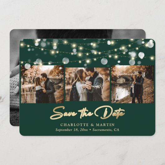 Emerald Green Gold Wedding 4 Foto Save the Date (Voorkant / Achterkant)