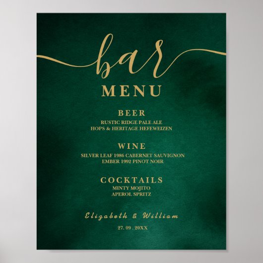 Emerald Green & Gold Wedding Bar Menu Poster (Voorkant)
