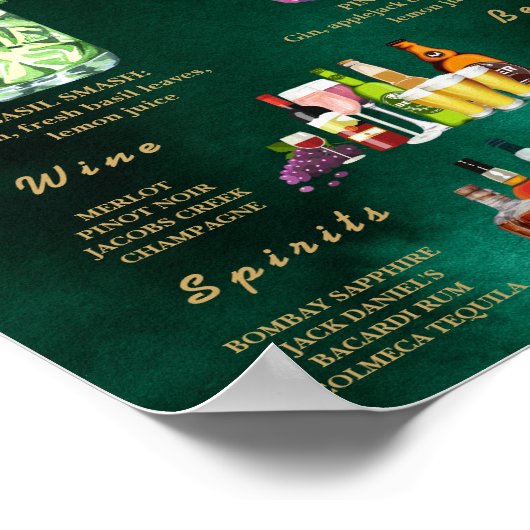  Emerald Green & Gold Wedding Bar Menu  Poster (Hoek)
