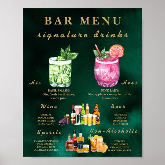 Emerald Green & Gold Wedding Bar Menu Poster (Voorkant)