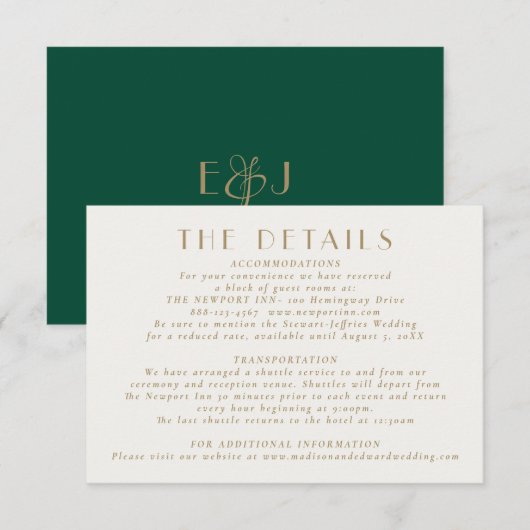 Emerald Green Gold| Wedding Details Enclosure Card Informatiekaartje (Voorkant / Achterkant)