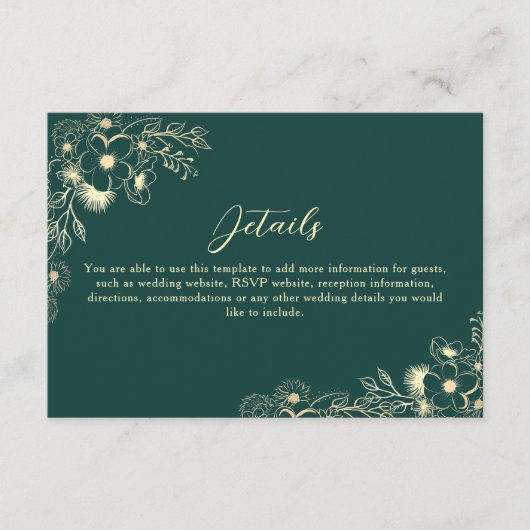 Emerald Green Gold Wedding Details Informatiekaartje (Voorkant)