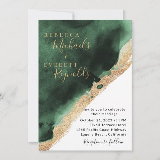Emerald Green & Gold Wedding Invitation Kaart (Voorkant)