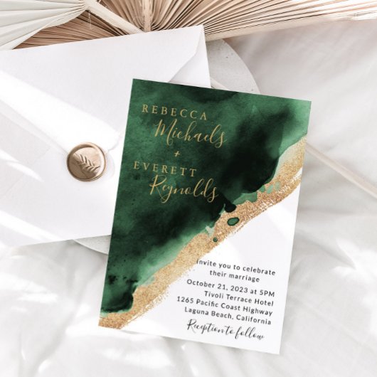 Emerald Green & Gold Wedding Invitation Kaart