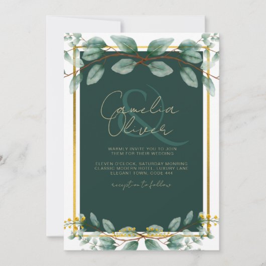 Emerald Green Gold Wedding Invitding Digital Kaart (Voorkant)