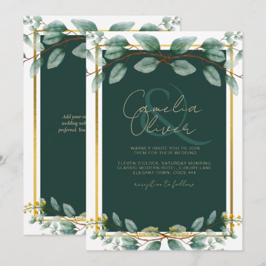 Emerald Green Gold Wedding Invitding Digital Kaart (Voorkant / Achterkant)