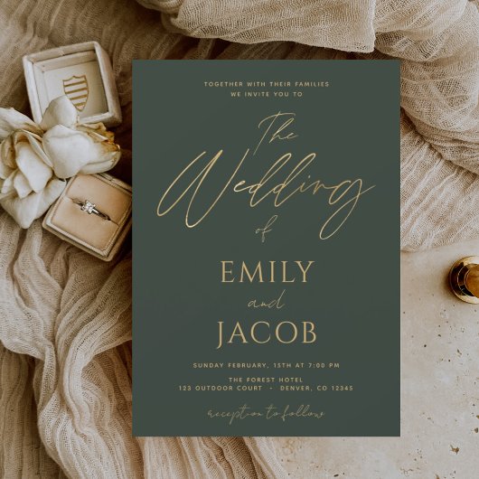 Emerald Green Gold Wedding Modern Script Kaart