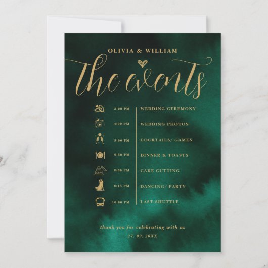 Emerald Green & Gold Wedding Order of Events Kaart (Voorkant)