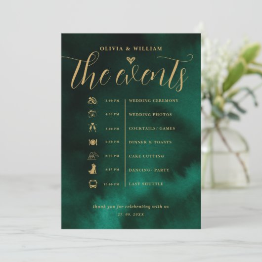 Emerald Green & Gold Wedding Order of Events Kaart (Staand voorkant)