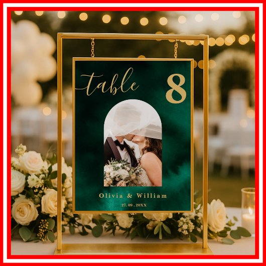 Emerald Green & Gold Wedding PHOTO Table Number  Poster