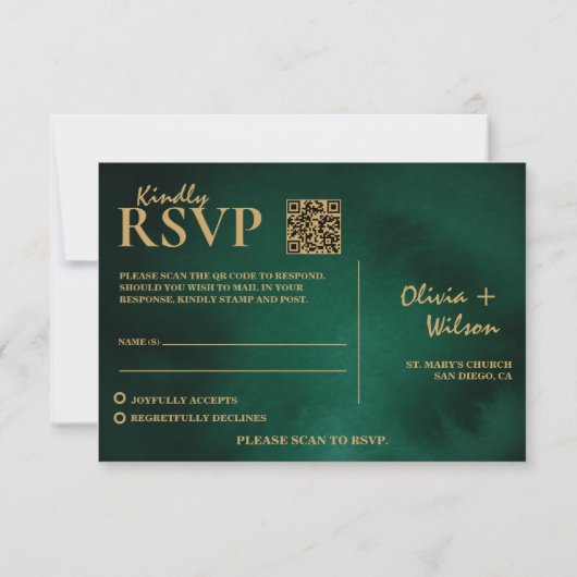 Emerald Green & Gold Wedding QR Code RSVP (Achterkant)