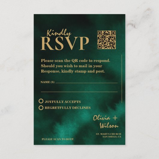  Emerald Green & Gold Wedding QR Code RSVP Informatiekaartje (Achterkant)