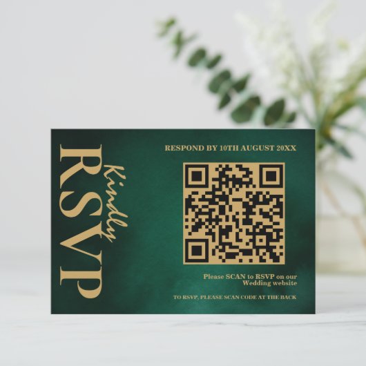 Emerald Green & Gold Wedding QR Code RSVP Kaartje (Staand voorkant)