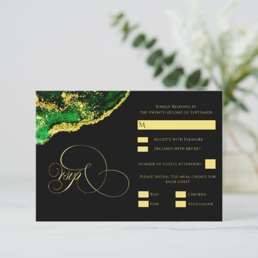  Emerald Green Gold Wedding RSVP Kaart (Staand voorkant)