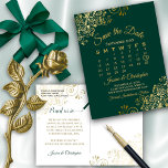 Emerald Green Gold Wedding Save the Date Calendar Aankondigingskaart<br><div class="desc">Deze mooie redding van de datum die het briefkaart je vrienden en familie van tevoren zal laten weten... van je aanstaande bruiloft. Het is voorzien van een slim ontwerp met een aangepaste kalender waar je je hart rond je trouwdatum kunt leggen. De achtergrond is een rijke groene kleur, en er...</div>