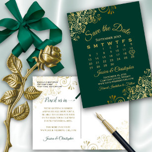 Emerald Green Gold Wedding Save the Date Calendar Aankondigingskaart