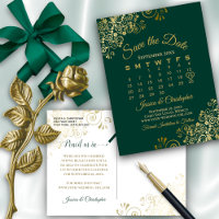 Emerald Green Gold Wedding Save the Date Calendar
