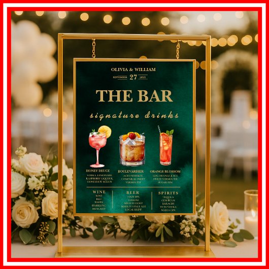 Emerald Green & Gold Wedding Signature Drinken Bar Poster