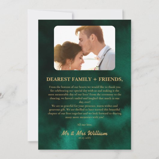 Emerald Green & Gold Wildflower Fotobruiloft Bedankkaart (Achterkant)