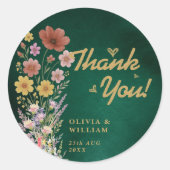 Emerald Green & Gold Wildflower Wedding Dank u Ronde Sticker (Voorkant)