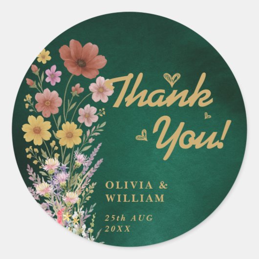 Emerald Green & Gold Wildflower Wedding Dank u Ronde Sticker (Voorkant)