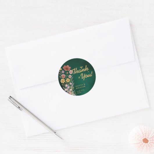 Emerald Green & Gold Wildflower Wedding Dank u Ronde Sticker (Envelop)