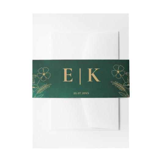 Emerald Green & Gold Wildflowers Monogram Wedding Uitnodigingen Wikkel (Voorkant Voorbeeld)