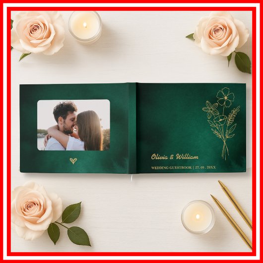 Emerald Green & Gold Wildflowers Wedding Gastenboek