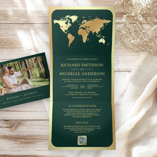 Emerald Green Gold World Map QR Code Photo Wedding Drieluik Uitnodiging