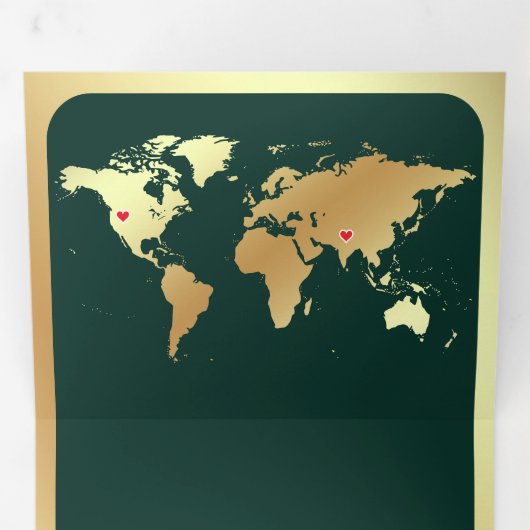 Emerald Green Gold World Map QR Code Photo Wedding Drieluik Uitnodiging (Binnenzijde eerst)