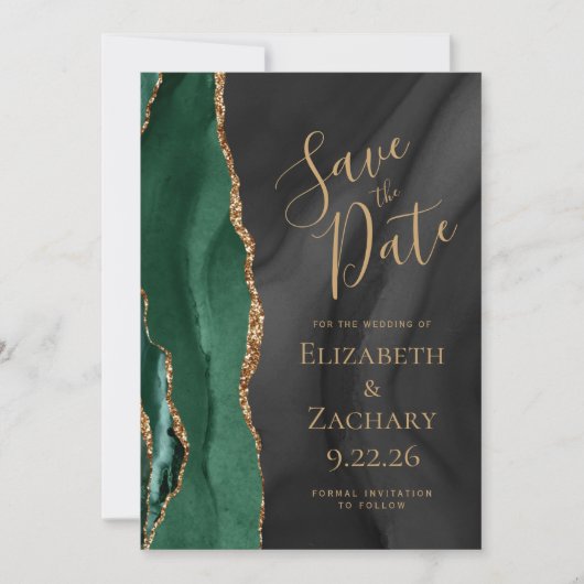 Emerald Green Gold Zwarte Waterverf Agaat Save The Date (Voorkant)