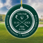 Emerald Green Golf Hole in One Retro Personalized Keramisch Ornament<br><div class="desc">Met een oud stempel-effect klassiek retrodesign. Geef de naam,  het nummer van de locatie en de datum een persoonlijk tintje om een fantastisch golfspel te creëer om dat fantastische gat in één te vieren. Ontworpen door: Thisnotme©</div>