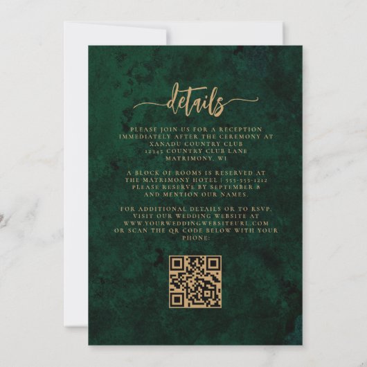 Emerald Green Goud Bloemen QR Code Huwelijk Kaart (Achterkant)
