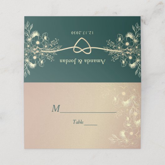 Emerald Green Goud Touw Hart bruiloft Plaatskaartje (Buitenkant ongevouwen)