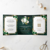 Emerald Green Gouden Bloemen Alles in Een Kreeft T Drieluik Uitnodiging (Binnen)