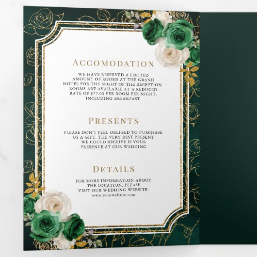 Emerald Green Gouden Bloemen Alles in Een Kreeft T Drieluik Uitnodiging (Binnenzijde eerst)