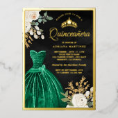 Emerald Green Gown Floral Black Quinceanera Gold Folie Uitnodiging (Voorkant)