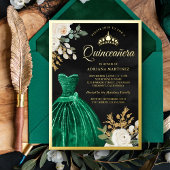 Emerald Green Gown Floral Black Quinceanera Gold Folie Uitnodiging