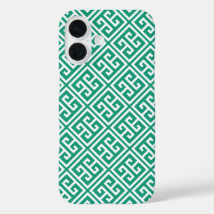 Emerald Green Greek Key Patroon iPhone 16 Hoesje