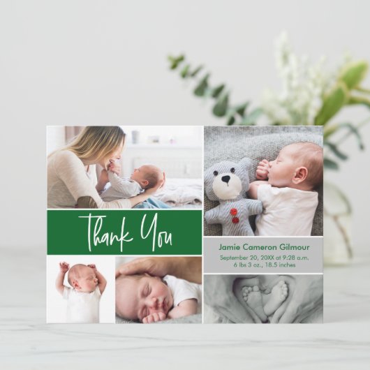 Emerald Green Grey Moderne Fotocollage Geboorte Bedankkaart (Staand voorkant)