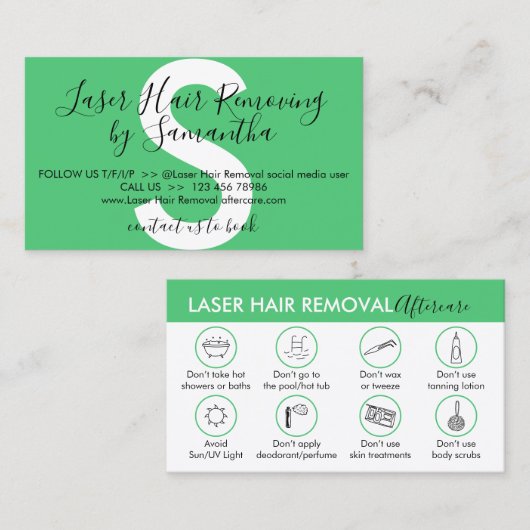 Emerald Green Hair Removal Aftercare Instructie Visitekaartje (Voorkant / Achterkant)
