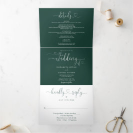Emerald Green Hart Script Trouwkaart Drieluik Uitnodiging