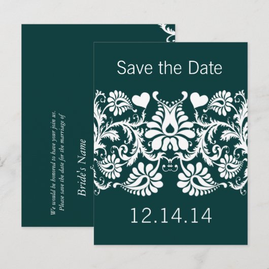  Emerald Green Heart Damask Aankondigingskaart (Voorkant / Achterkant)