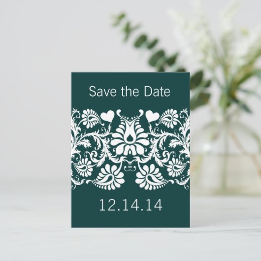  Emerald Green Heart Damask Aankondigingskaart (Staand voorkant)