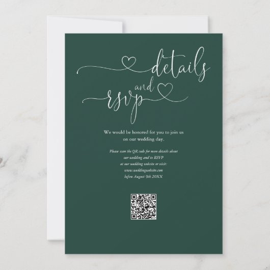 Emerald Green Heart Script QR Code Wedding Kaart (Achterkant)