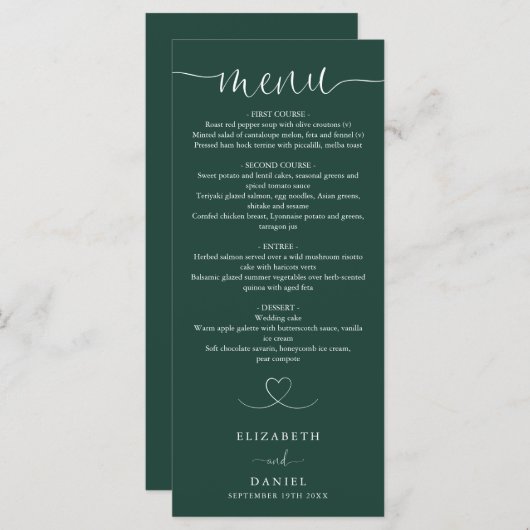 Emerald Green Heart Script Trouwdiner Menu (Voorkant / Achterkant)